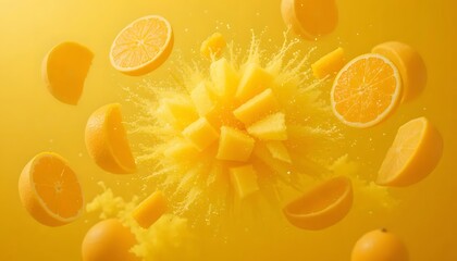 Exploding fruit composition, focus on vibrant orange and yellow hues, splashes, and dynamic movement