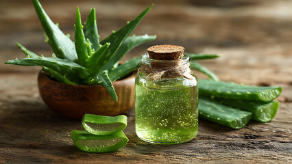 Effervescent Aloe Vera Elixir in a Corked Bottle with Fresh Plant on Rustic Wood