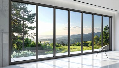 Fototapeta premium Expansive modern interior showcases a panoramic view of rolling hills and vibrant green landscapes, framed by large glass sliding doors, with a minimalist chair and bright natural light filling the...