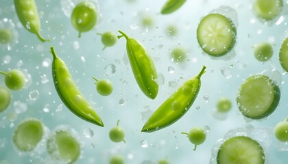 Vibrant image showing floating peas, pea pods, cucumber slices, and water droplets against a light blue backdrop