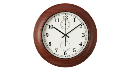 Isolated analogue clock with a wooden frame showing time on a wall for an office or home