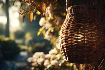 Close-up of a wicker lamp with a blurred garden background