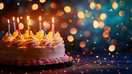 Radiant party ambiance as a birthday cake takes center stage with glowing candles. Generative AI