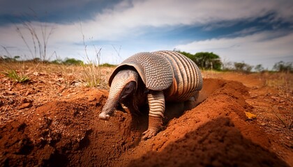 giant armadillo excavating burrow cerrado ecosystem armored plates caked red dirt