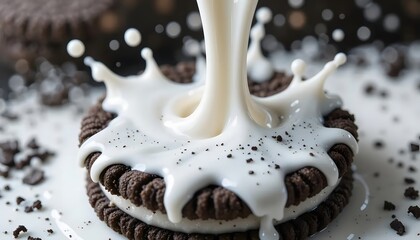 A close-up shot shows a cookie being doused by a creamy, white liquid with a splash