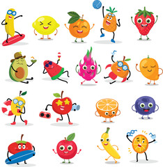 Cartoon fruit cute characters face isolated on white background vector illustration. Funny fruit face icon vector collection. Cartoon face food emoji. Fruit emoticon. Funny food concept. Vector fruit.
