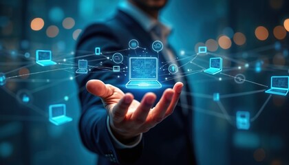 Fototapeta premium Man in suit holds glowing laptop connected to network of devices. Digital world of communication data flow and global connectivity. Future tech in hand.