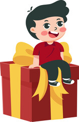 Joyful boy sits atop a bright birthday gift with a big bow, radiating happiness and excitement