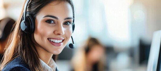 Smiling woman with headset in professional call center environment, perfect for IT support, customer service visuals, and modern business communication use