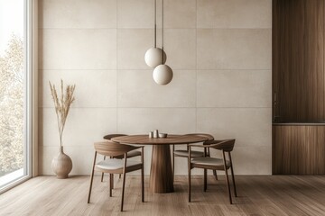 Minimalist dining room with round wooden table, modern chairs, pendant lights, and neutral decor, ideal for interior design presentations and stylish lifestyle marketing