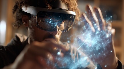 Man wearing virtual reality headset interacting with glowing blue digital particles in a futuristic immersive experience