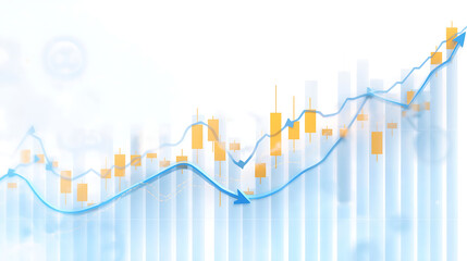 A financial stock market chart features glowing yellow candlestick patterns, smooth trends, and blue vertical bars indicating trading volume