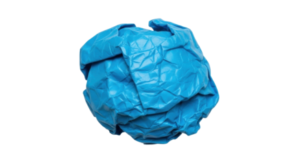 Isolated blue crumpled shiny material, paper ball texture, abstract shape, waste form