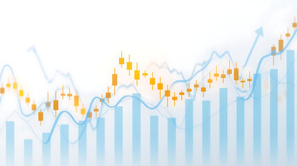 A financial stock market chart features glowing yellow candlestick patterns, smooth trends, and blue vertical bars indicating trading volume