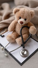 Soft teddy bear sitting on a clipboard with a stethoscope in a cozy setting, conveying comfort and care in healthcare