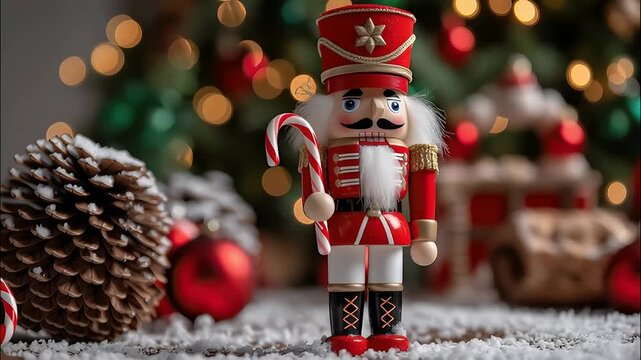 Festive nutcracker soldier holding candy cane and ornament with pinecone, red and gold uniform, white beard, tabletop holiday scene with bokeh lights, snow, Christmas atmosphere and festive candy