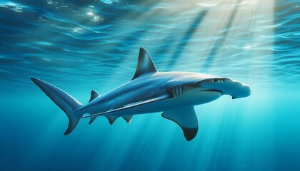 Obraz premium Realistic hammerhead shark swimming in clear blue ocean with natural sunlight.