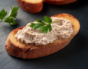 rich creamy rillettes spread on a rustic baguette slice