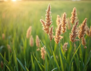 Obraz premium Tall grass panicles in a rich green field. Closeup of blooming wild grass in a sunny meadow. Fresh green leaves and golden brown flowers. Natural background with vibrant foliage.