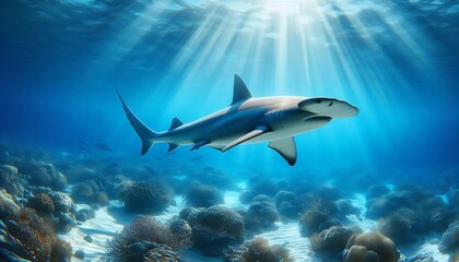 Fototapeta premium Realistic hammerhead shark swimming in clear blue ocean with natural sunlight.