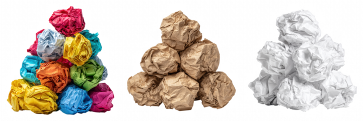 Pile of Multicolored Wrinkled Crumpled Paper Sheets Colorful, white, brown Collection Transparent Background