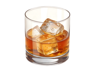 A refreshing glass of amber colored whiskey with ice cubes isolated on transparent background