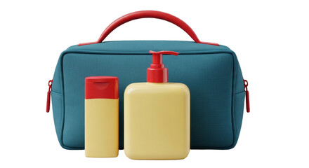 Isolated cosmetic bag and lotion bottles, blue pouch with red accents for toiletries kit set