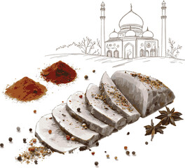 Eidul Adha Beef item, turkish baklava on a white background, Mosque Vector