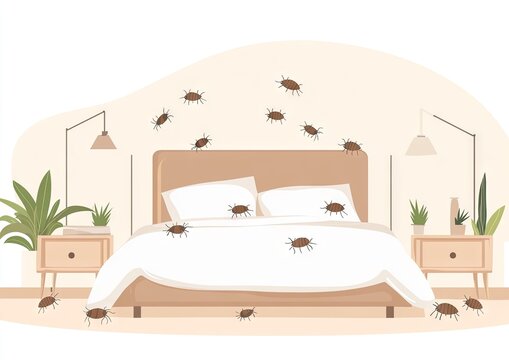 An illustrated image of a bedroom with a bed, nightstands, and plants, infested with cartoonish bugs crawling on the bed and walls
