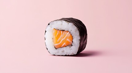 A real photo of a single sushi roll with salmon filling, wrapped in seaweed and rice, set against a soft pink background