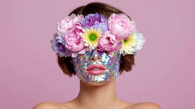 Flowers sequins artfully blend in unique portrait
