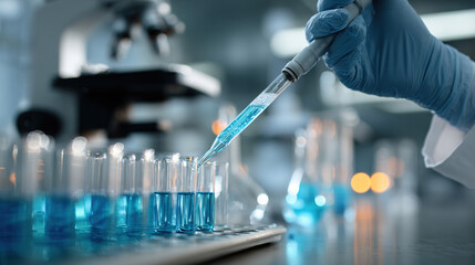 Fototapeta premium A scientist in a modern laboratory conducts research, using a pipette to transfer colorful liquid into test tubes for a scientific experiment.