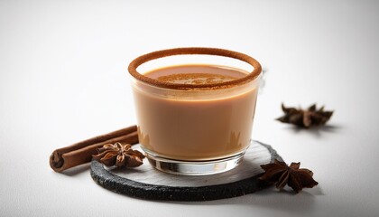 classic chai tea served in a small glass on white background