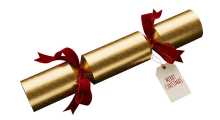 Golden christmas cracker with red ribbons and gift tag festive holiday celebration