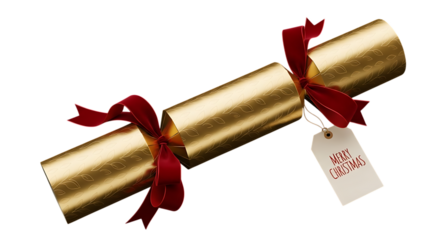 Golden christmas cracker with red ribbons and gift tag festive holiday celebration