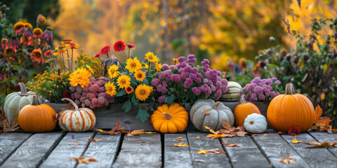 autumn flowers and pumpkins decoration outdoors