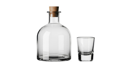 Isolated, empty glass bottle with cork top next to a small clear glass for drinking