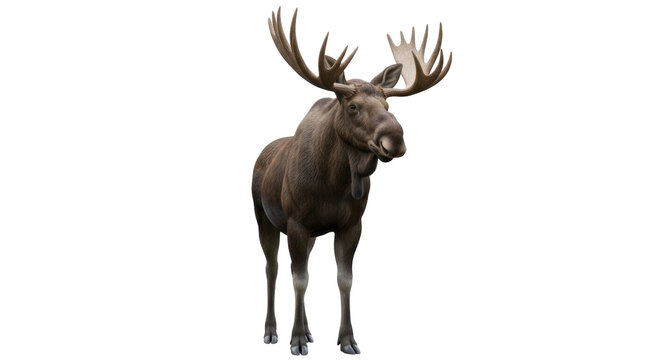 Isolated bull moose with impressive antlers standing tall, a majestic herbivore in nature
