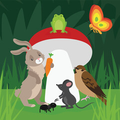 Funny animals in the forest. Cute cartoon characters. Vector illustration.