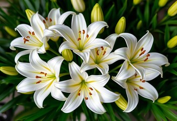 Fototapeta premium Elegant cluster of pristine white lilies in a lush bouquet, light, white