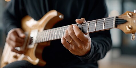 Fototapeta premium Musician playing a wooden guitar indoors during a creative session, showcasing skill and passion for music in a serene environment