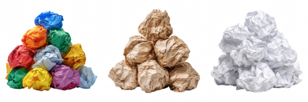 Pile of Multicolored Wrinkled Crumpled Paper Sheets Colorful, white, brown Collection Transparent Background - Powered by Adobe