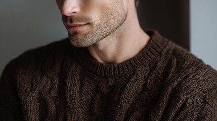 Obraz premium Young man wearing a trendy brown knitted sweater style for fall fashion and cozy comfort.