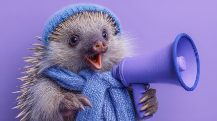 Fototapeta premium A cute hedgehog wearing a blue hat and scarf holds a purple megaphone. The background is a solid purple color, creating a playful atmosphere.