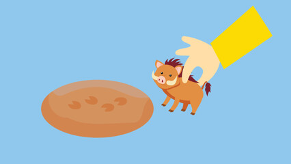 Wild boar and traces on the workpiece. Vector illustration in the style of a flat cartoon.