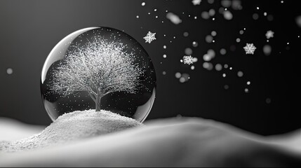 A real photo of a snow globe containing a miniature snowy forest scene with pine trees and warm lights