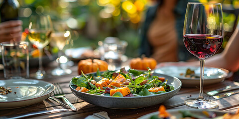 warm pumpkin salad with red wine on autumn table