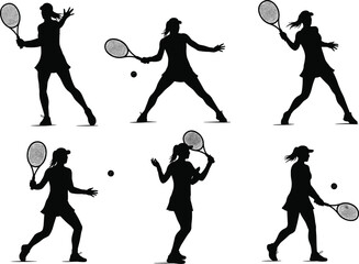Female tennis player silhouettes, women playing tennis, athletic sports action, racket and ball practice, competitive match poses, fitness training, healthy lifestyle illustration