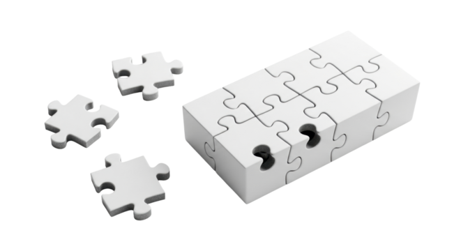 Isolated puzzle pieces and assembled block, symbolizing problem solving and teamwork
