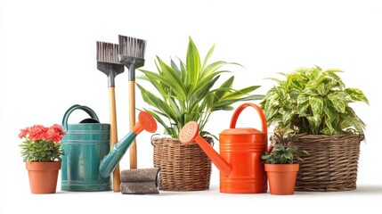 Gardening tools and potted plants arrangement for outdoor and indoor gardening
